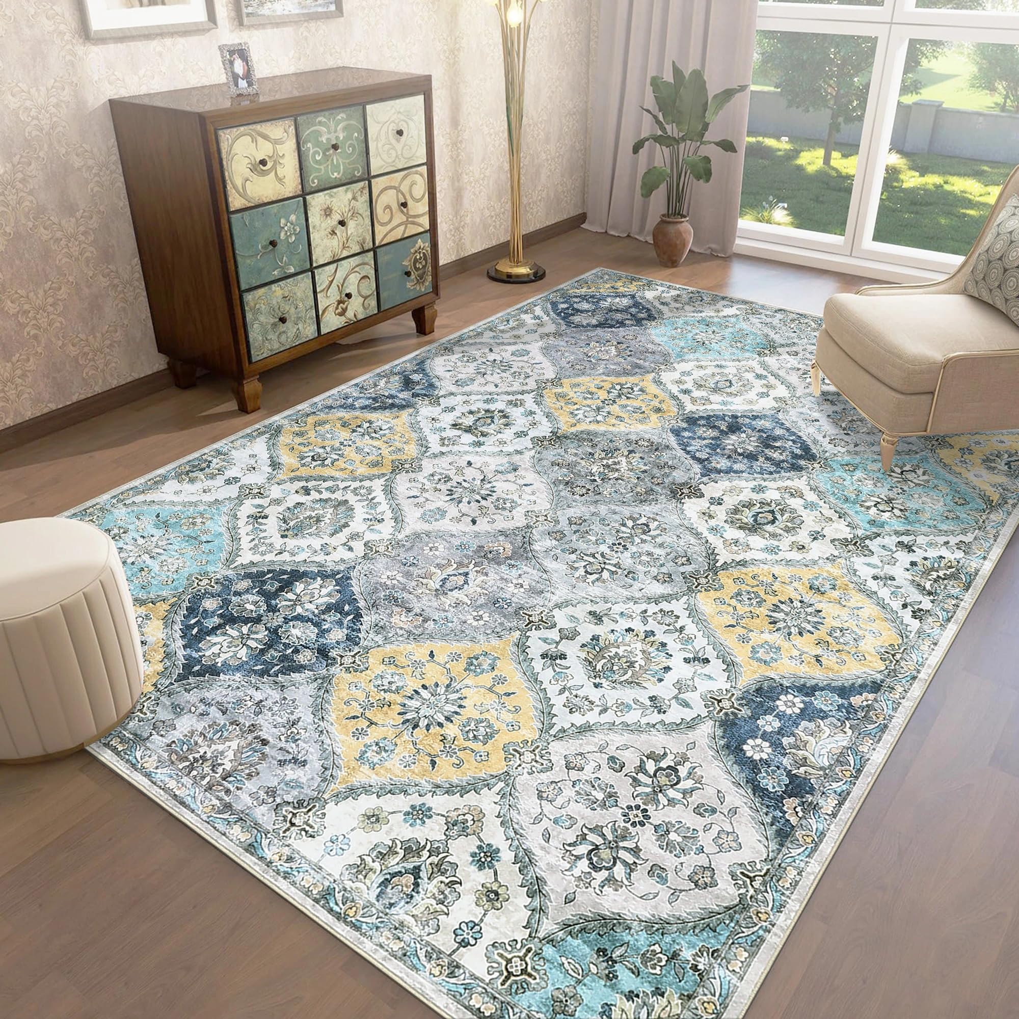 LuxFocus Waschbare Vintage-Teppiche, Faltbare Niederflor-Innenmatte, Groß Wohnzimmerteppich, Weich rutschfest Teppich für Büro Esszimmer Kinderzimmer