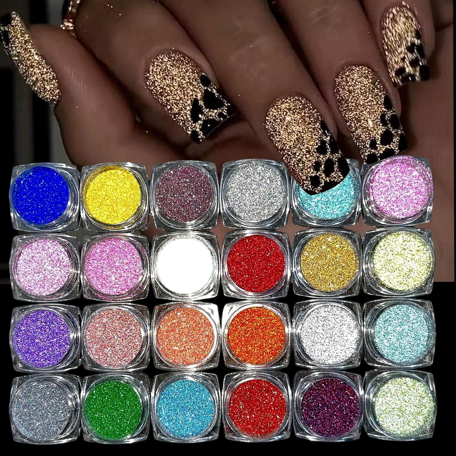 24 Colors Reflective Nail Powder Dark Flashy Diamond Glitter Nail Pigment Ultra Fine Sparkly Nail Art Powder for UV Gel Polish Disco Nightclub Party Manicure Decorations Supplies for Beginners