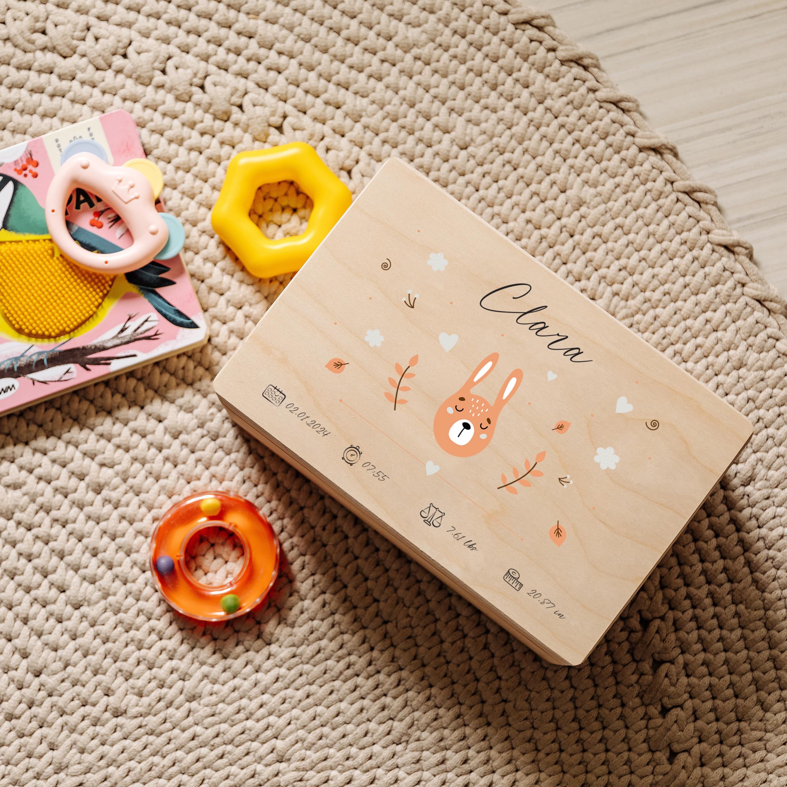 Creative DECO Caja de Recuerdos Personalizada para Bebés/Regalo Niños | Nacimiento Personalizado - Conejo | Cajas de Madera Personalizadas para Niños | Personalizados para Niño y Niña