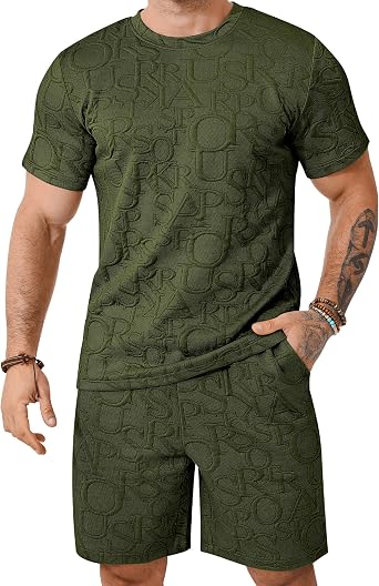 LecGee Mens 2 Piece Graphic Letter Summer Outfits Short Sleeve Crewneck T Shirts and Shorts Set For Men M-3XL