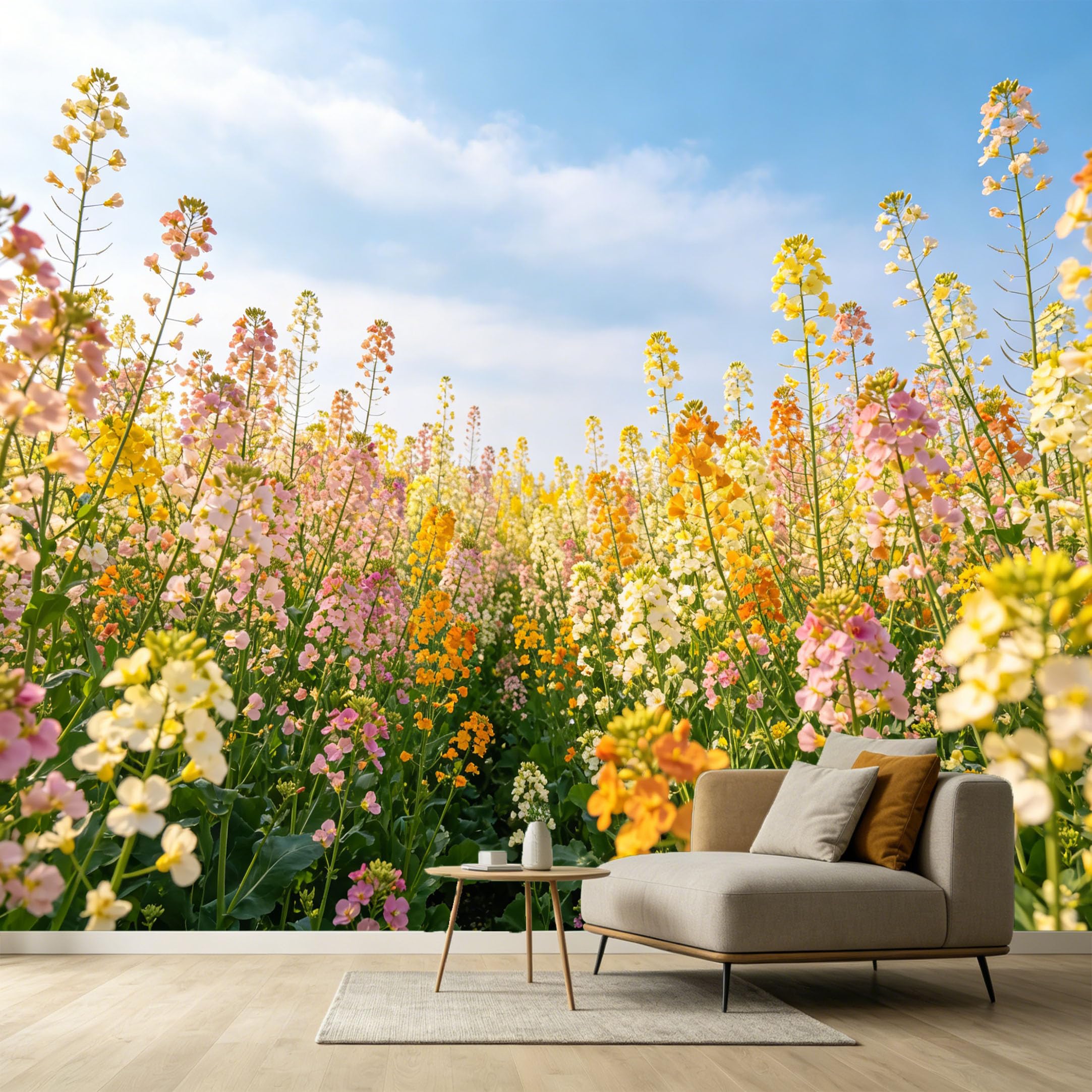 Custom Size Wall Murals Botanical Landscape Watercolor Yellow Pink Wildflowers Field Sunlit Meadow SelfAdhesive Wall Fabric Removable Large Wallpaper for Photo Living Room