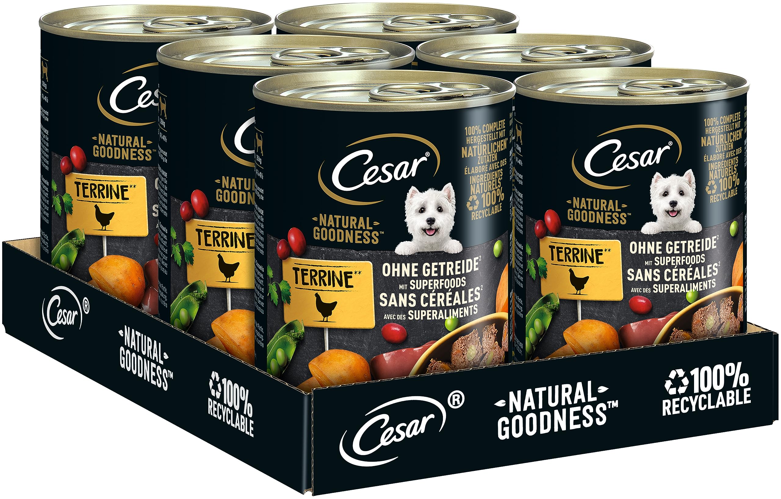 Cesar Adult Hundenassfutter Natural Goodness, 6 Dosen, 6x400g – Ausgewogenes Premium Hundefutter nass, reich an Huhn, mit natürlichen Zutaten hergestellt