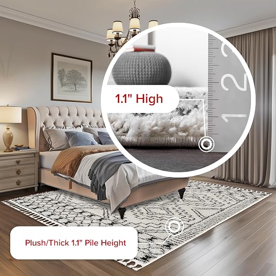 Nuloom Vasiliki Off-White/Charcoal, 7'10 x 10', Moroccan Shag, Tassel, Soft and Plush, High Traffic, Stain Resistant, Easy Clean, Durable Area Rug for Bedroom, Living Room, Dining Space, Den, Foyer