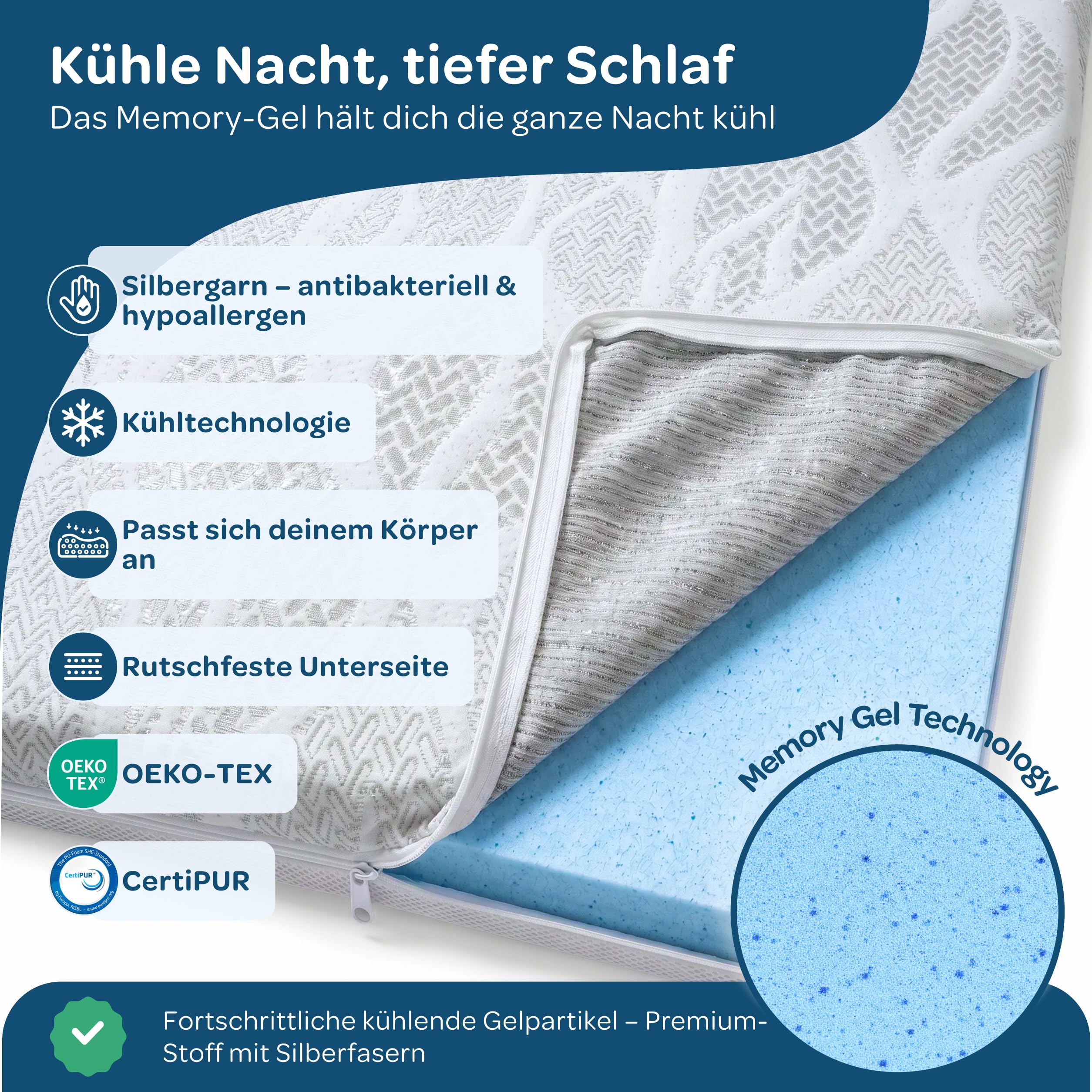 DOLCISOGNI Gel Memory Topper 180x200cm | H2 Matratzentopper kühlend mit Silver Yarn Bezug | Antibakterieller Matratzenschoner 180x200 | 7cm Höhe
