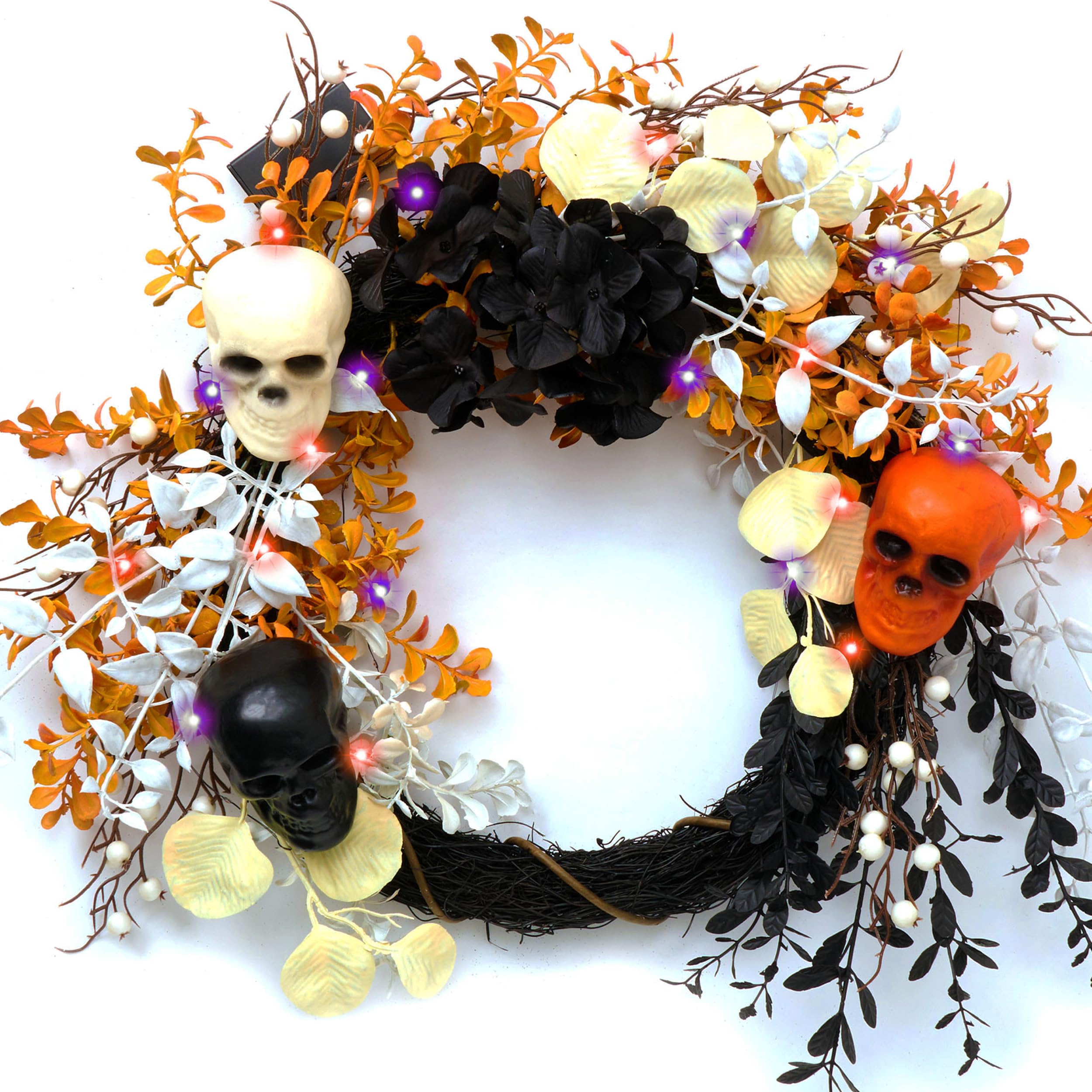 DecorbyHannah Gothic Christmas Decor, 20 Inch Gothic Christmas Decor Wreath with Lights, Christmas Decorations with Skull for Porch Window Outdoor Indoor Home Party Decor (Black Orange)