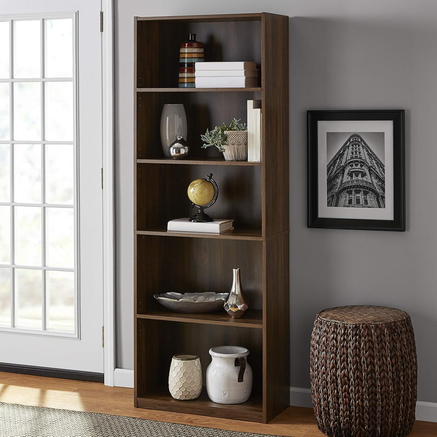 Mainstay Orion Wide 5-Shelf Bookcase, Canyon Walnut: Furniture & Decor