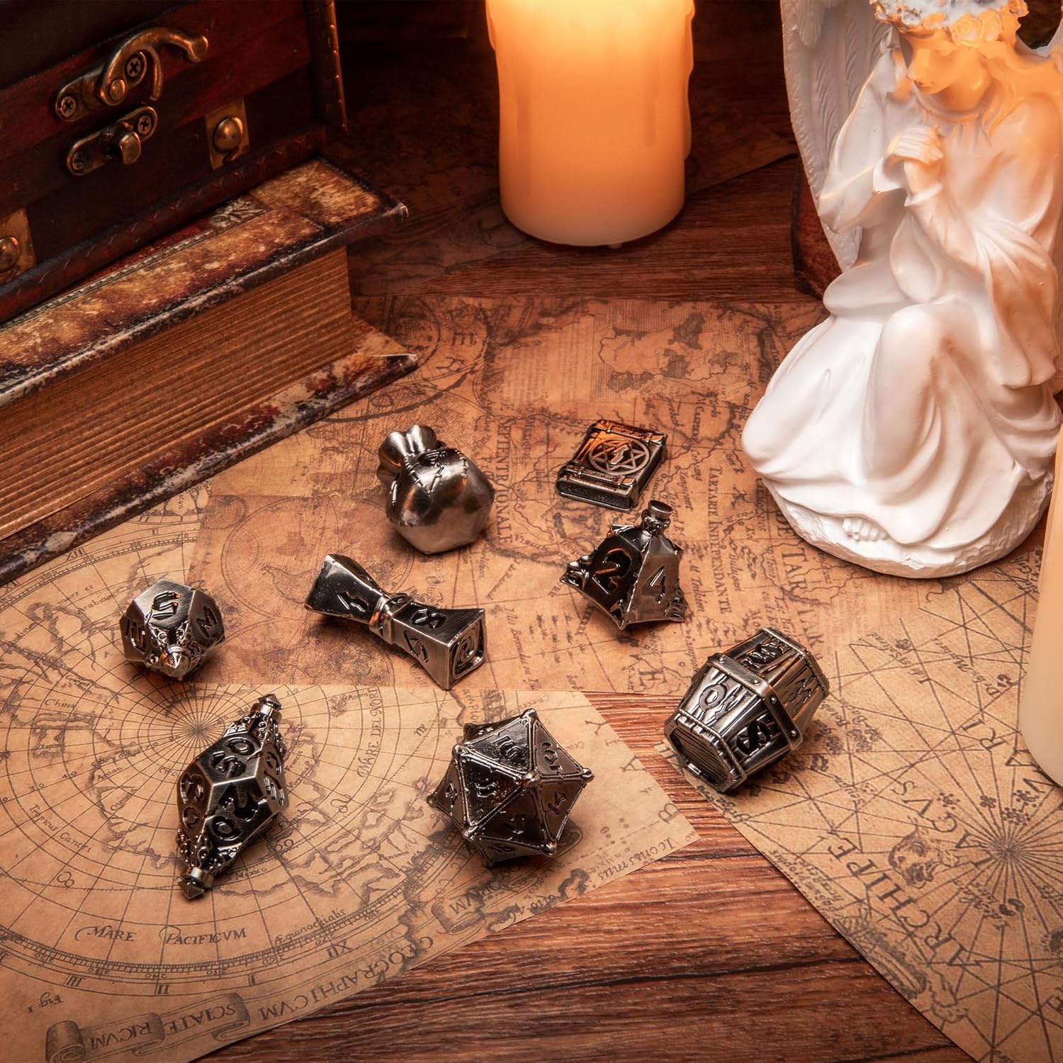 Dice Antique Nickel Color Alloy Material - Die Double-Colors Polyhedral Dice Sets for D&D DND RPG MTG Dungeon and Dragons Table Board Roll Playing Games D4 D6 D8 D10 D% D12 D20,Age 15+