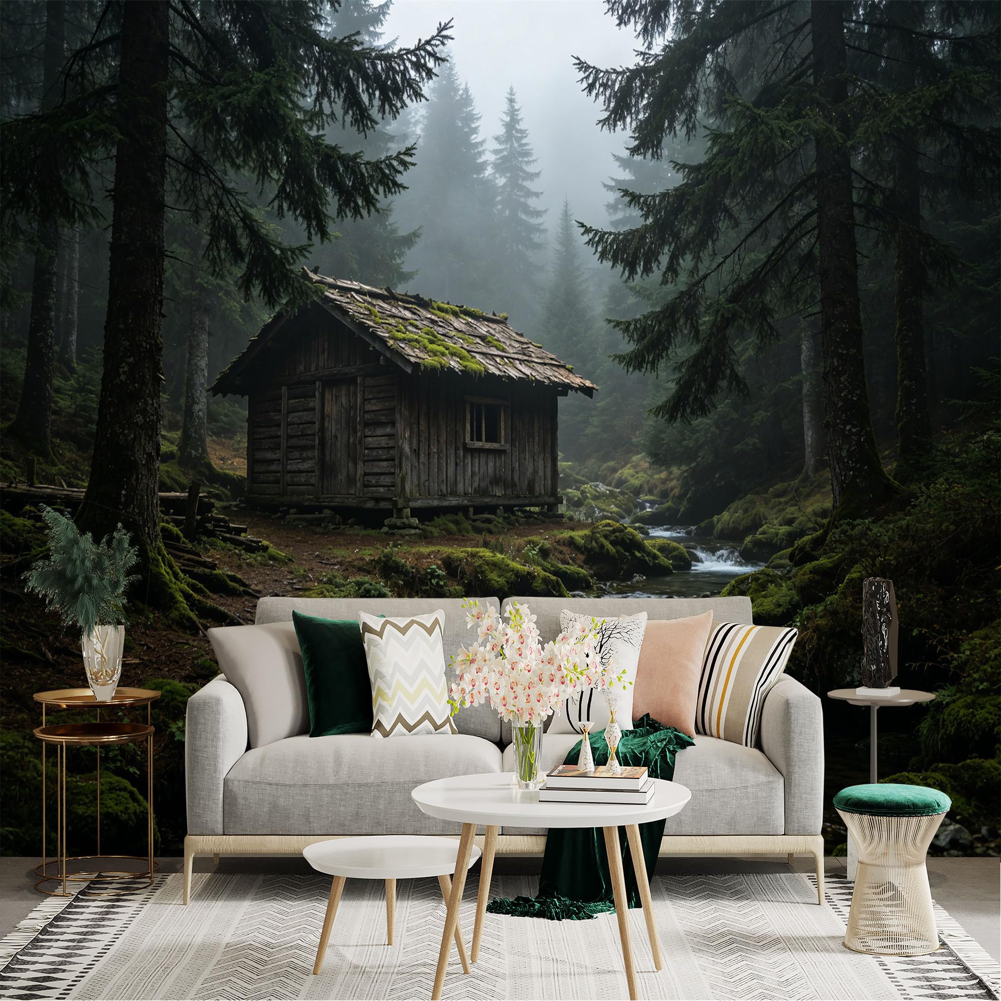 Custom Size Wall Sticker Mural， Rustic Wooden Cabin by Forest Stream with Misty Pine Trees， for wall Decoration， peelandstick wall Decals.