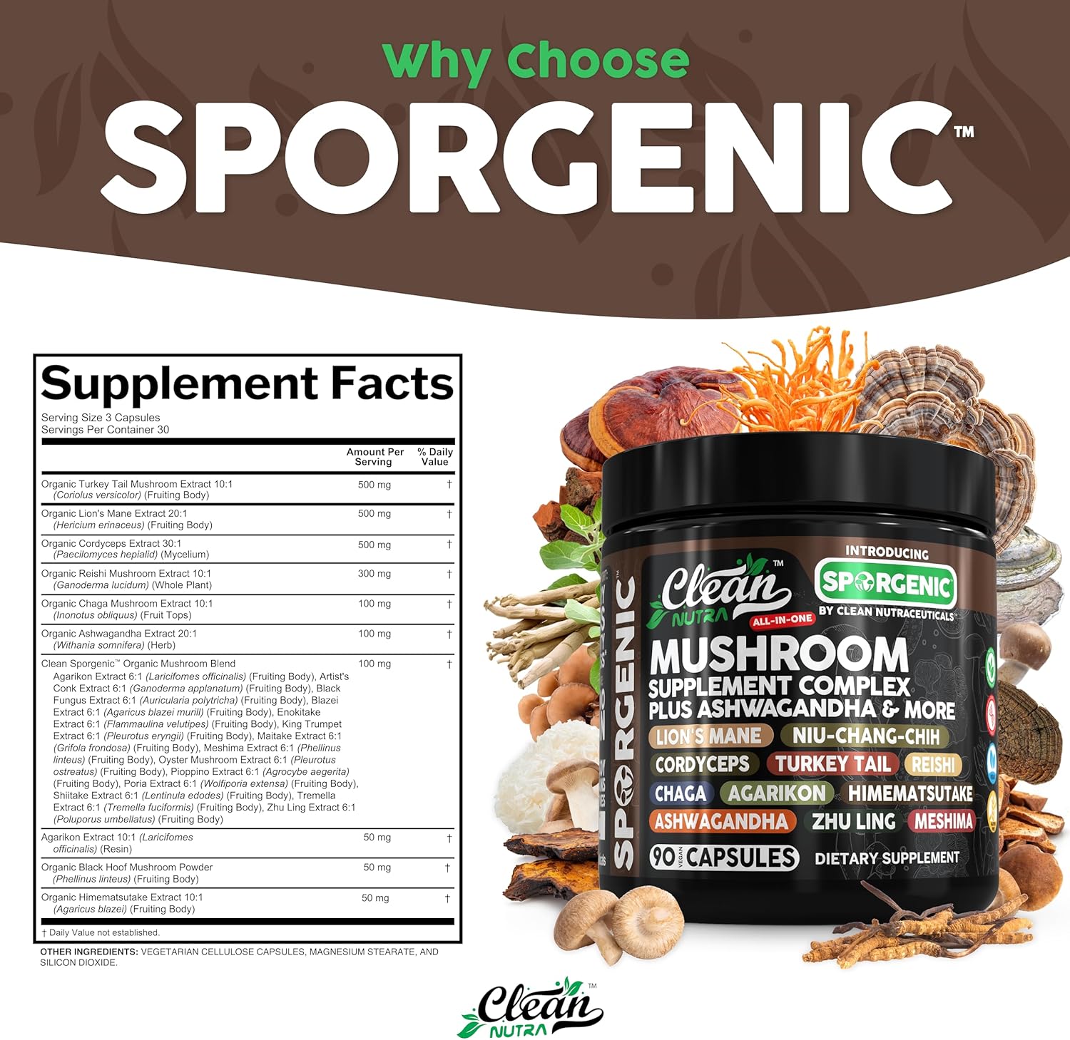 Organic Mushroom Supplement | Ashwagandha Lions Mane Cordyceps Turkey Tail Reishi Mushrooms Maca Root Black Hoof Chaga Tremella Agarikon Shiitake Oyster Powder Capsules Sporgenic by Clean Nutra (1) - Image 5