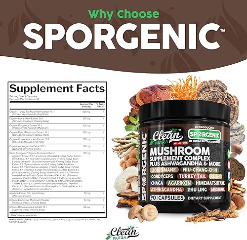 Miniatura 5 de Suplemento orgánico de hongos  Ashwagandha Lions Mane Cordyceps Cola de pavo Setas Reishi, raíz de maca, pezuña negra, Chaga Tremella Agarikon