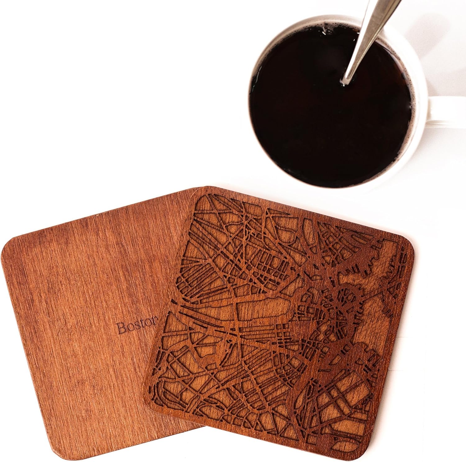 Boston Map Coaster by O3 Design Studio, Set Of 4, Sapele Wooden Coaster With City Map, Handmade - Image 3