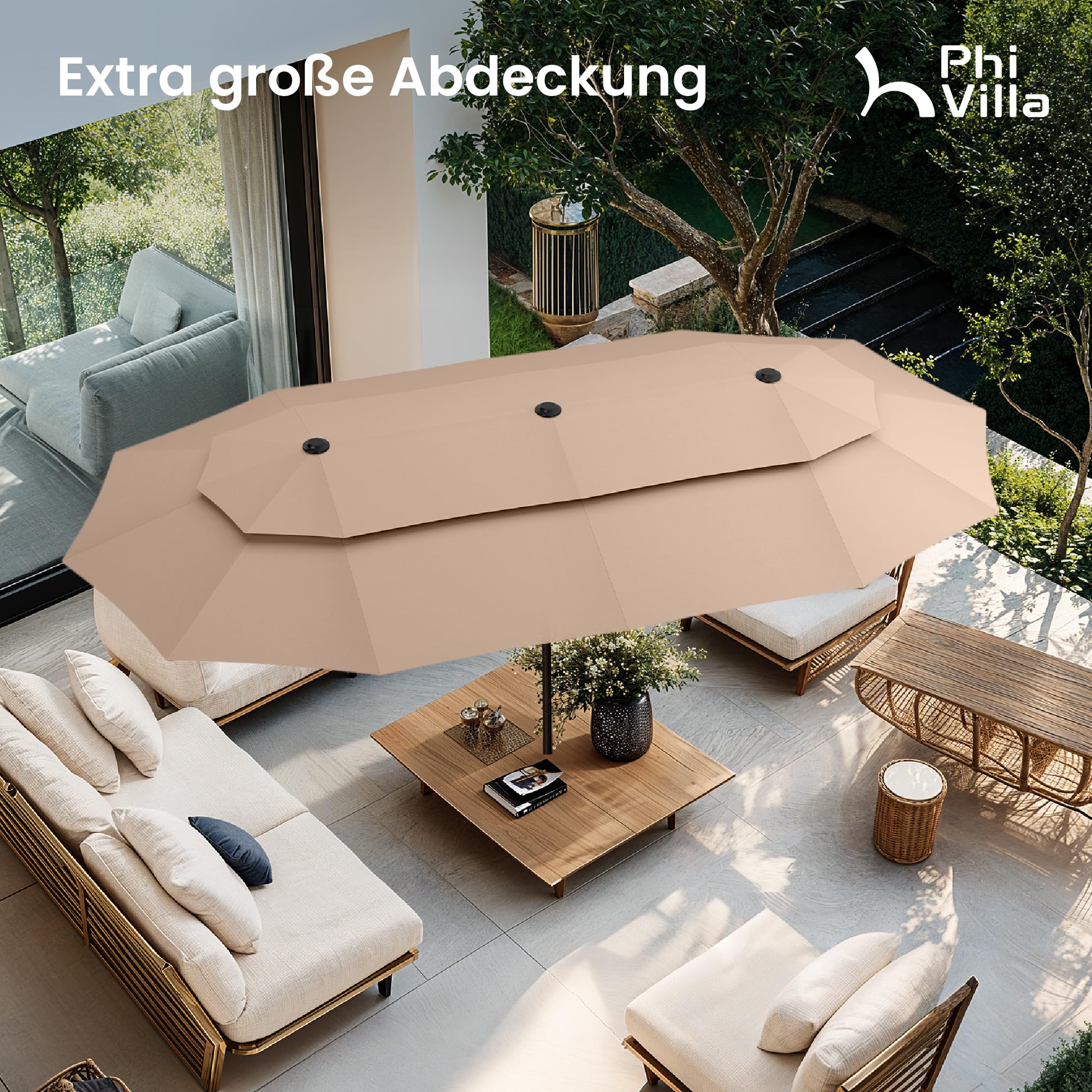 PHI VILLA Sonnenschirm Rechteckig mit Ständer, 380x200cm Doppelsonnenschirm mit Kurbel und UV-Schutz für Terrasse Garten