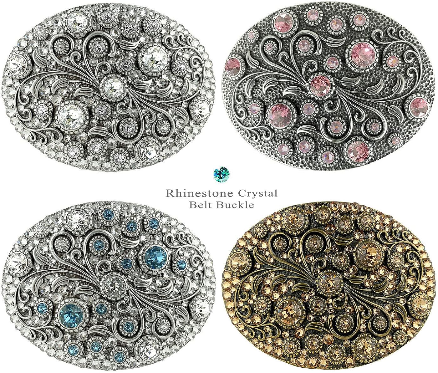 Rhinestone Crystal Belt Buckle Antique Silver Oval Floral Engraved Buckle (Crystal) at  Women’s Clothing store