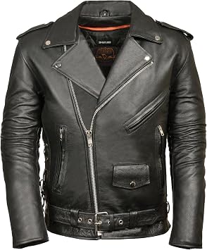 Mens Classic Side-Lace Motorcycle Leather Jacket. Action Back. Zip-Out Liner Small