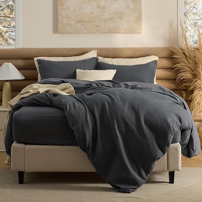 Bedsure 100% Cotton Duvet Cover King Size with Fitted Sheet - 4 Pieces Linen Color Waffle Weave Bedding Set, GentleSoft™ and Breathable, Includes 1 Duvet Cover 104x90, 1 Fitted Sheet, 2 Pillow Shams