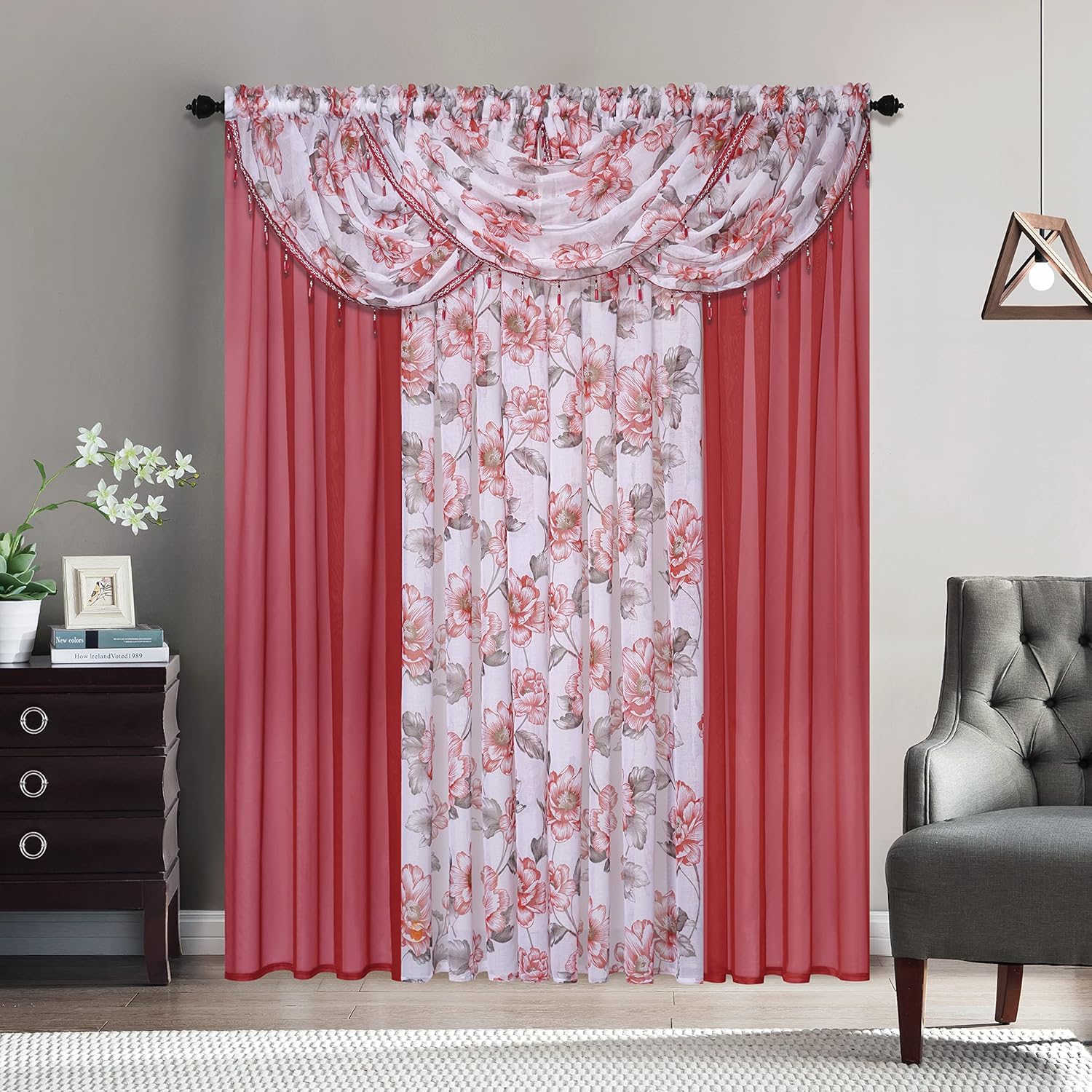 Sapphire Home Floral Sheer Curtains - Multicolor Flower 4 Panels Set with 3 Valances, 54" x 84", Privacy Voile Window Curtains for Living Room, Bedroom, Kitchen, Dining Room - Sandy/Yellow