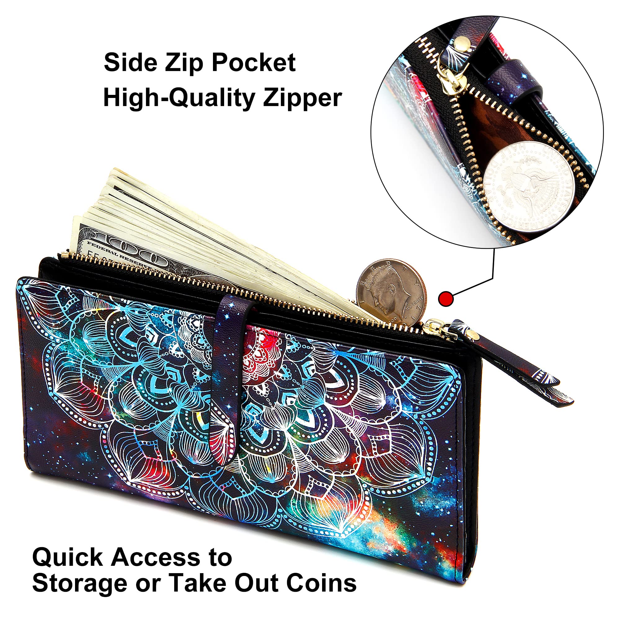 Billeteras delgadas para mujer, tarjetero RFID plegable con bolsillo con cremallera, Mandala azul, Delgado 4