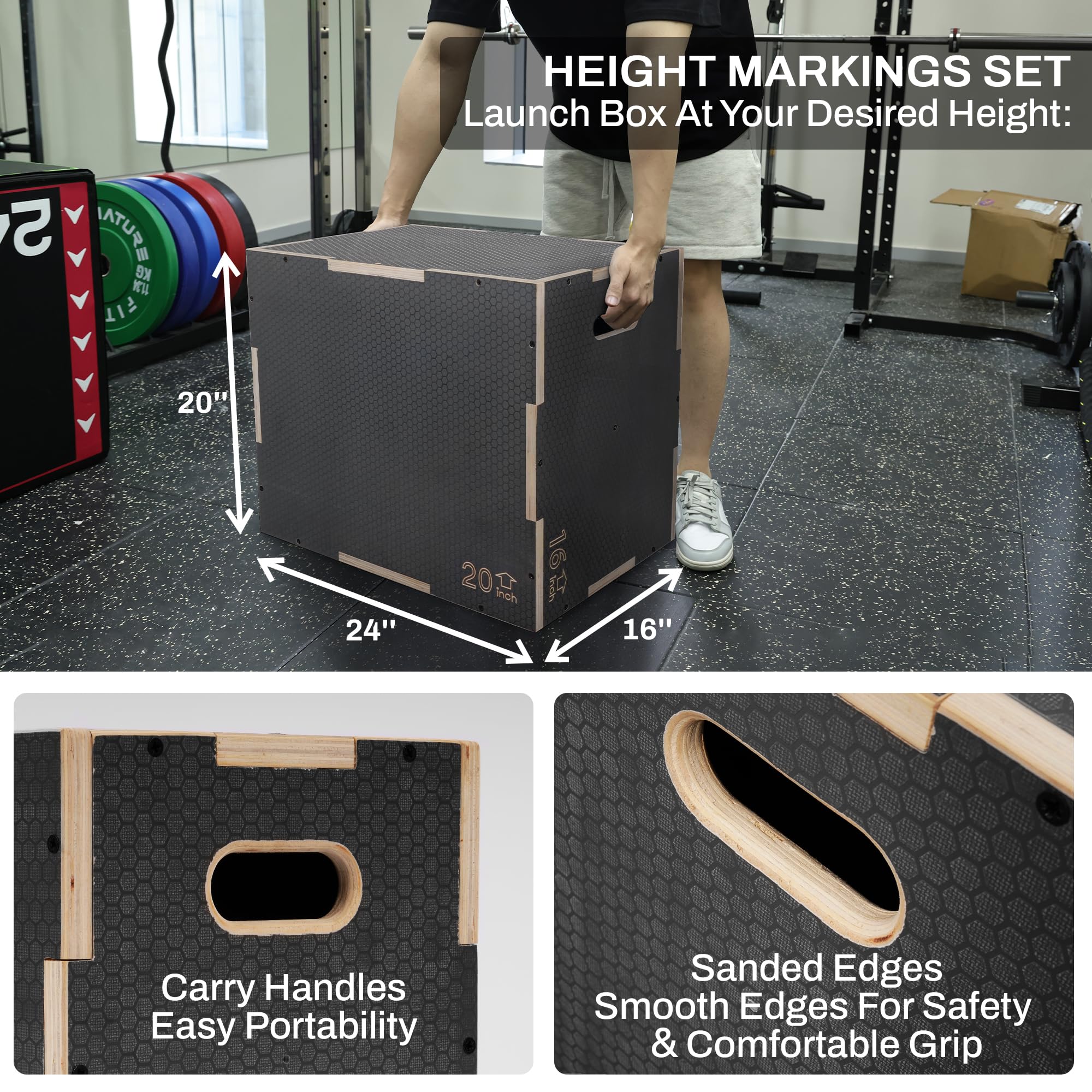 Boîte Plyo En Bois 3 En 1 VirtuFit - 50x60x75 Cm, 3 Hauteurs, Entraînement Pliométrique, Sauts