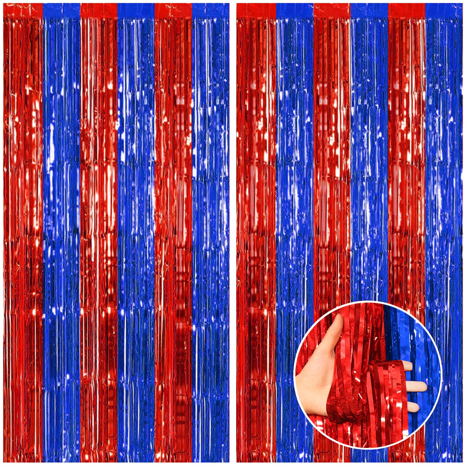 CANREVEL 2 Pack 3.3x8.2 Feet Blue and Red Foil Fringe Backdrop Curtains, Tinsel Streamers Birthday Party Decorations, Fringe Backdrop for Graduation, Carnival, Circus Theme Party