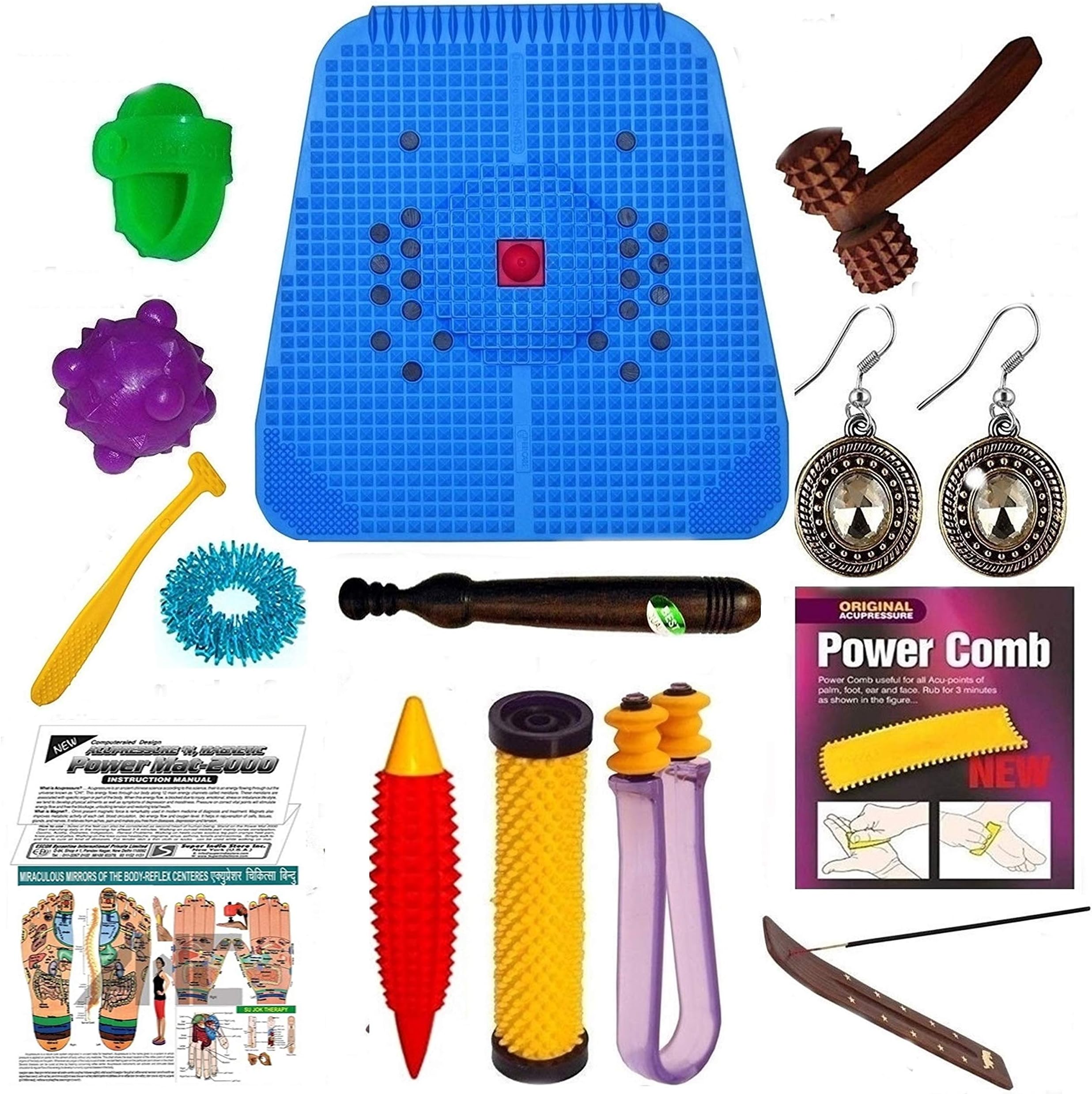 ESCORB Acupressure Power Mat 2000 with Pyramids Magnets n Thai Foot Massage Stick n Total Health Care Products Kit also Boost the Immune System ESC-AM31T (Blue)