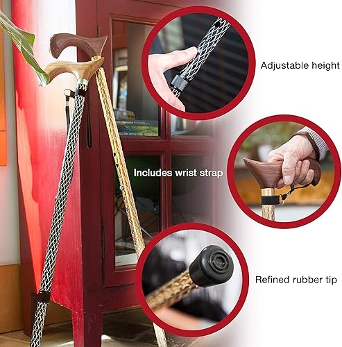 Miniatura 4 de Brazos Bastón ajustable para hombres y mujeres hecho de aluminio grabado ligero con mango de madera, correa de muñeca y punta de goma, cuerpo negro