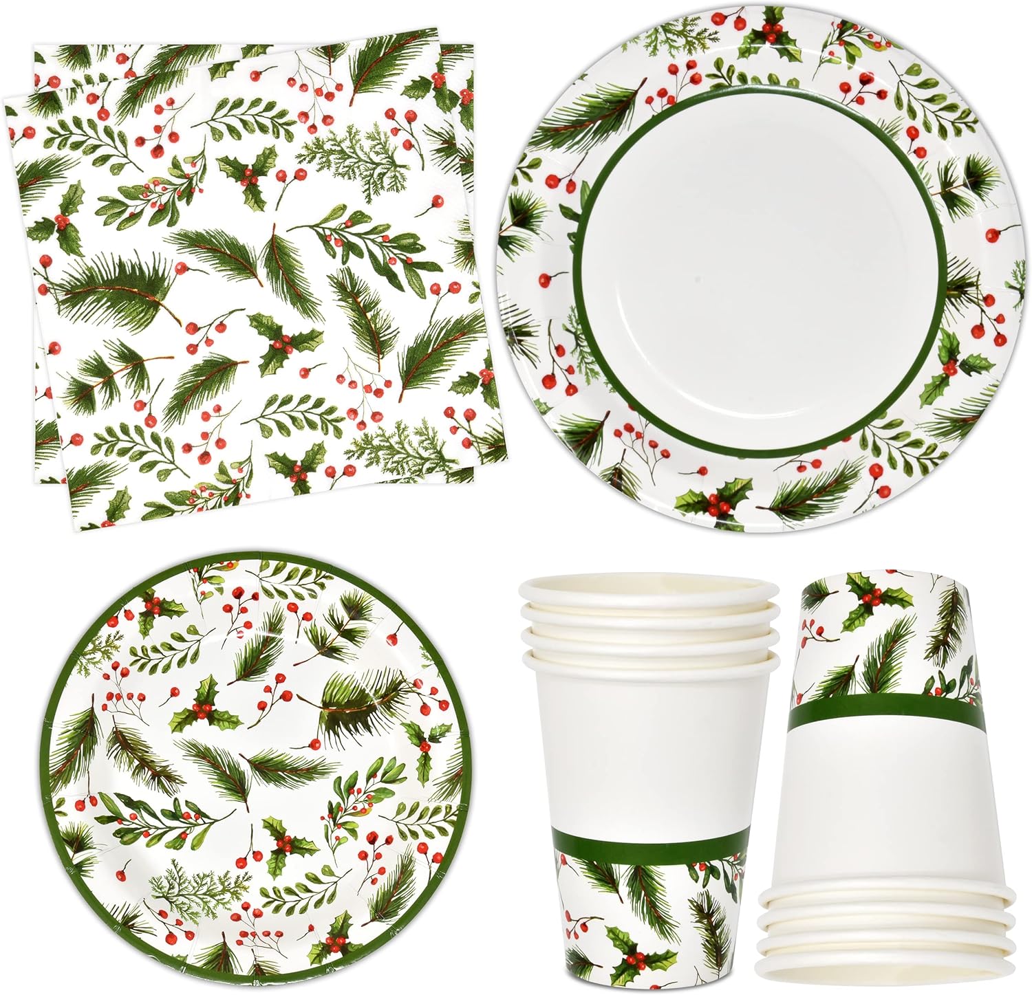Christmas Berries and Pine Party Supplies Tableware Set 24 9" Dinner Plates 24 7