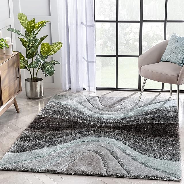 Well Woven Luze Light Blue Waves Geometric Textured Shag Area Rug 160 x 220 CM (5'3"x7'3" ft.)