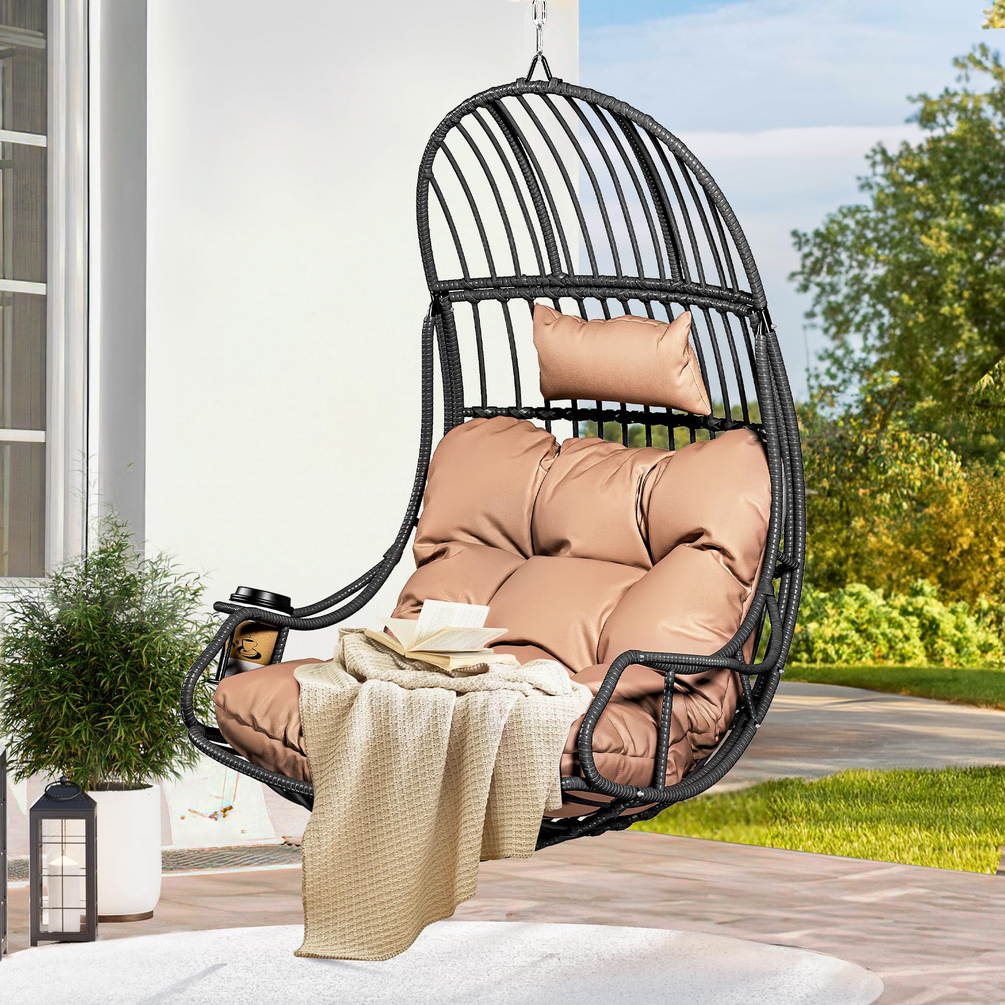 YITAHOME Fauteuil Suspendu Rotin 150kg, avec Coussin, Porte-Gobelet, Marron