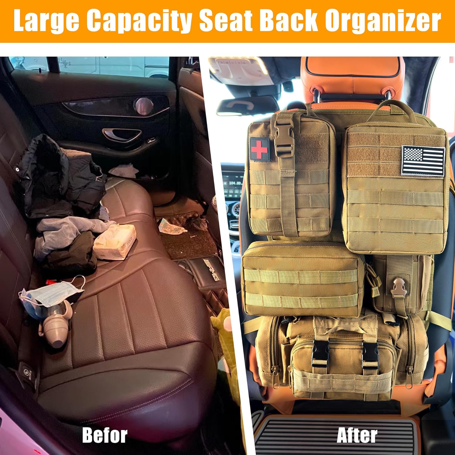 6 Pack Tactical MOLLE Car Seat Back Organizer - Universal Vehicle Storage Bag with 5 Detachable MOLLE Pouches, US Flag Patch, Fits Jeep, Truck, SUV, Car, Ford, Chevy, Toyota, Honda (KHAKI)