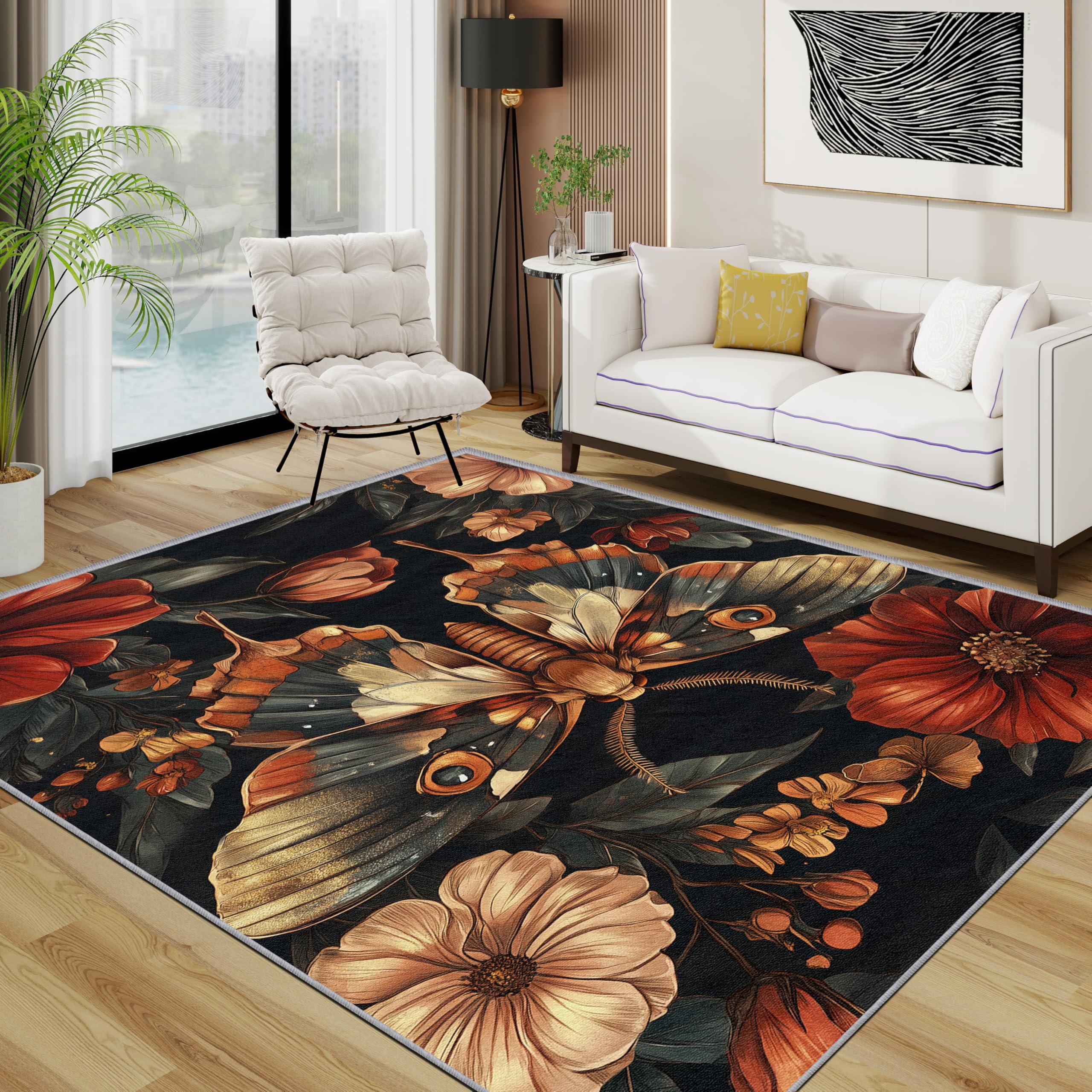 Moth Area Rugs for Living Room 100x150 - Vintage Insect Flower Rug for Bedroom, Floral Artistic Non Slip Washable Short Pile Carpet, Moth Room Decor