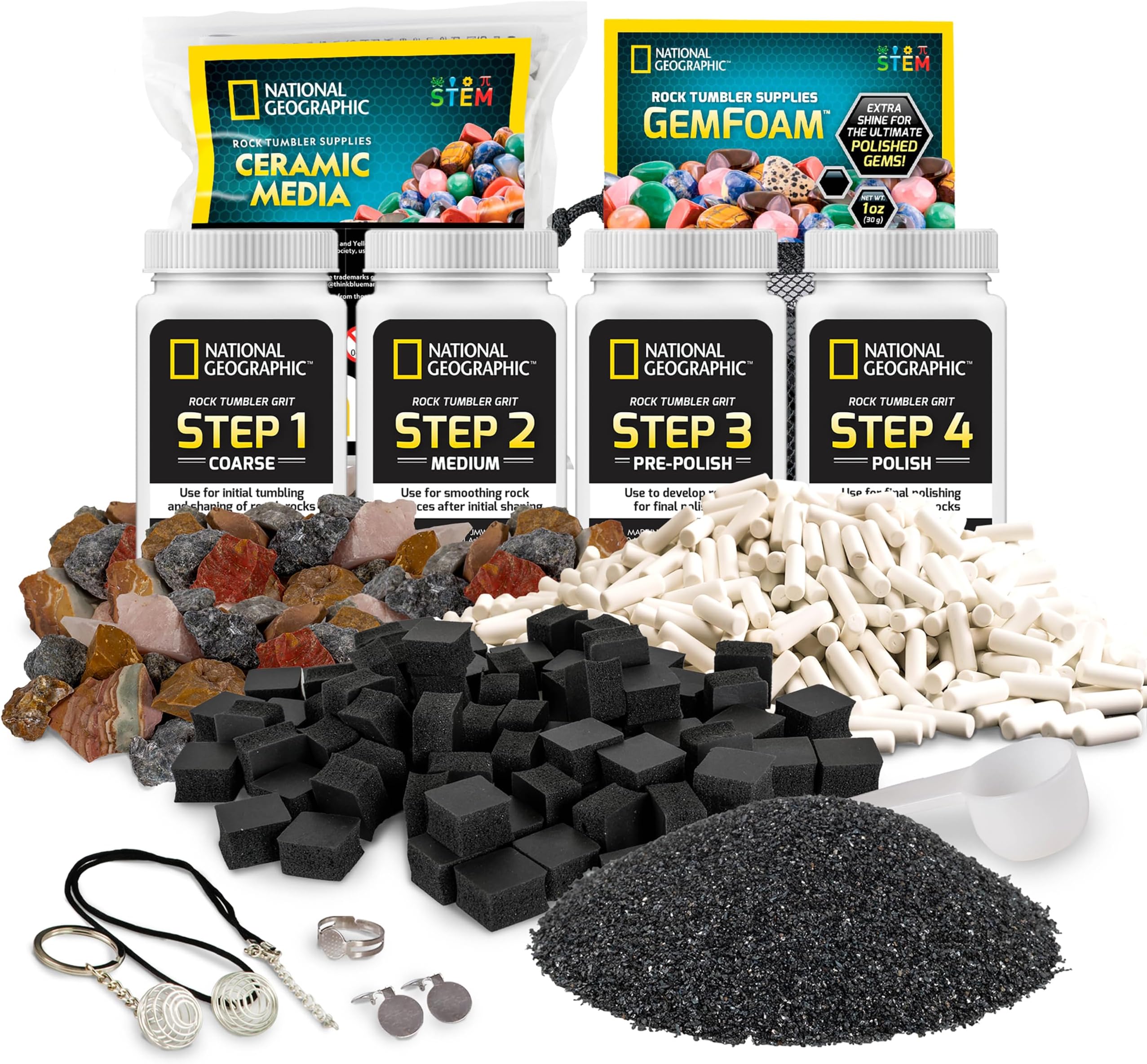 National Geographic Rock Tumbler Refill Kit – Rock Tumbling Supplies Including Rock Tumbler Grit and Polish Refill, Ceramic Media, GemFoam, 3 lbs Madagascar Rocks for Tumbling, Jewelry Accessories