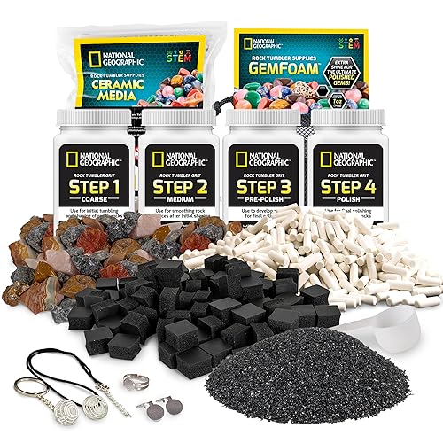 NATIONAL GEOGRAPHIC Rock Tumbler Refill Kit - Rock Tumbling Supplies including Grit and Polish Refills, Ceramic Media, GemFoam, 1.36 kg Madagascar Rocks for Tumbling, Jewellery Accessories - Rock Tumbler Refill Kit