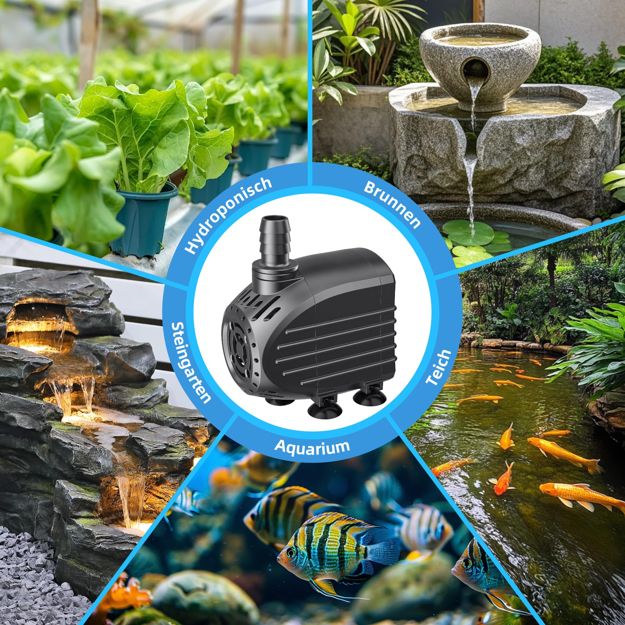 Pompe Bassin Biling 450L/H Mini Compacte - Filtre Intégré Protection Anti-Brûlure à Sec et 3 Adaptateurs- Ultra-Silencieuse - Pour Fontaine, Aquarium, Jeux d'Eau - Domestique