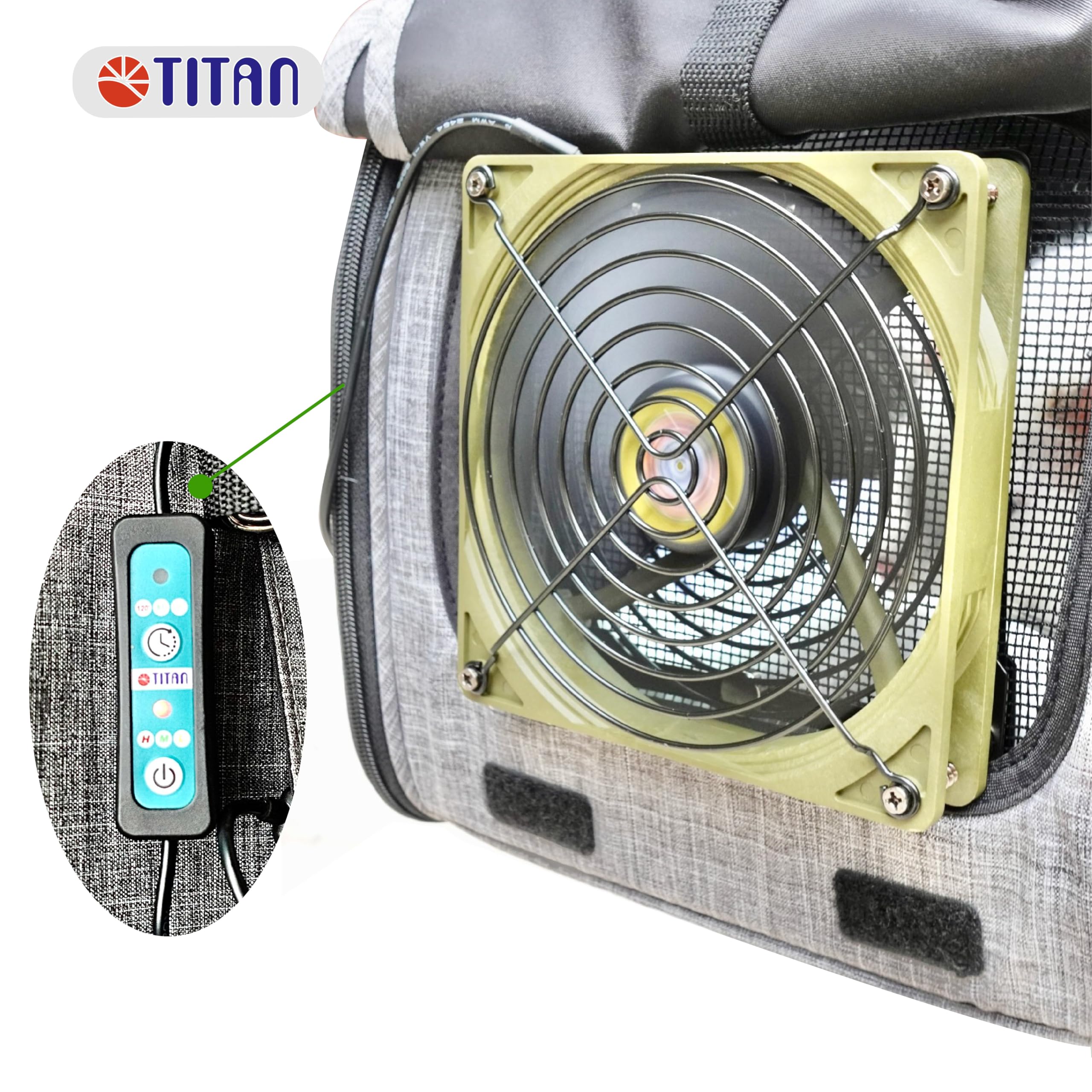 Ventilateur portable de camping TITAN, conçu pour camping-cars, tentes et animaux de compagnie. Alimenté par USB, avec cadre magnétique double 140 mm et contrôleur TTC-NF88(RB).