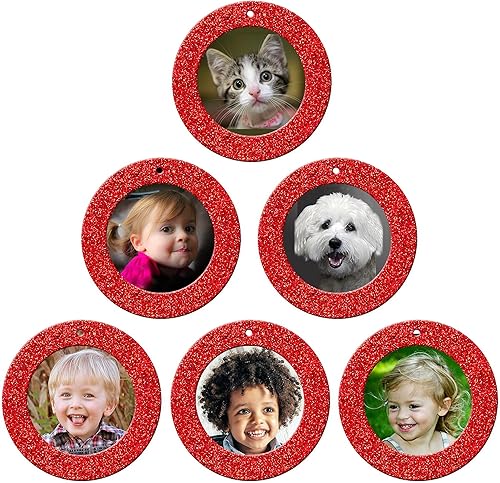The Original Mini Adornos de Navidad con purpurina, marco magnético de fácil carga, incluye protectores de fotos y ganchos para colgar, redondo,