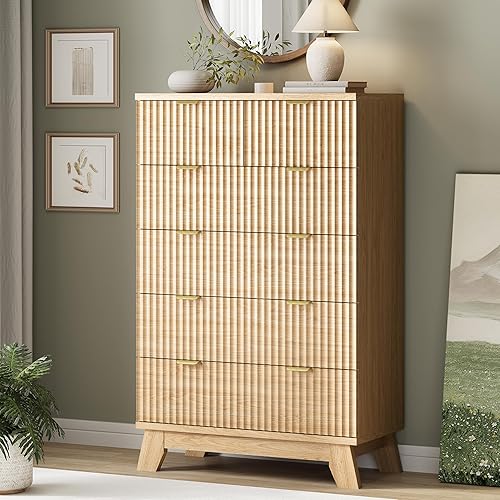 Fluted Dresser for Bedroom with 6 Drawers, 46" Tall Modern Chest of Drawers with Metal Handle, Wooden Dresser TV Stand, Wood Closet Clothes Storage Organizer for Living Room, Hallway, Natural Oak