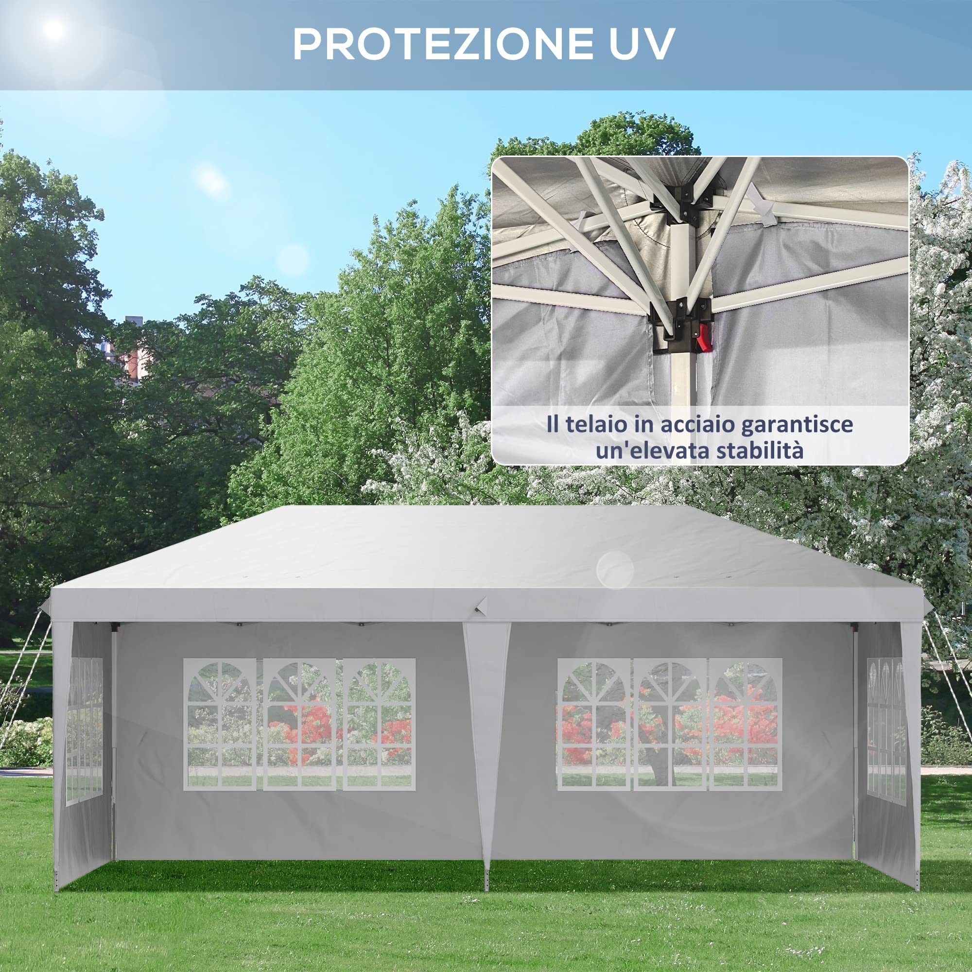 Outsunny Gazebo 6x3 m Pop Up Pieghevole Regolabile in Altezza Bianco | Gazebo da Giardino, Finestre, Pareti Removibili, Borsa per Trasporto, Acciaio, Poliestere