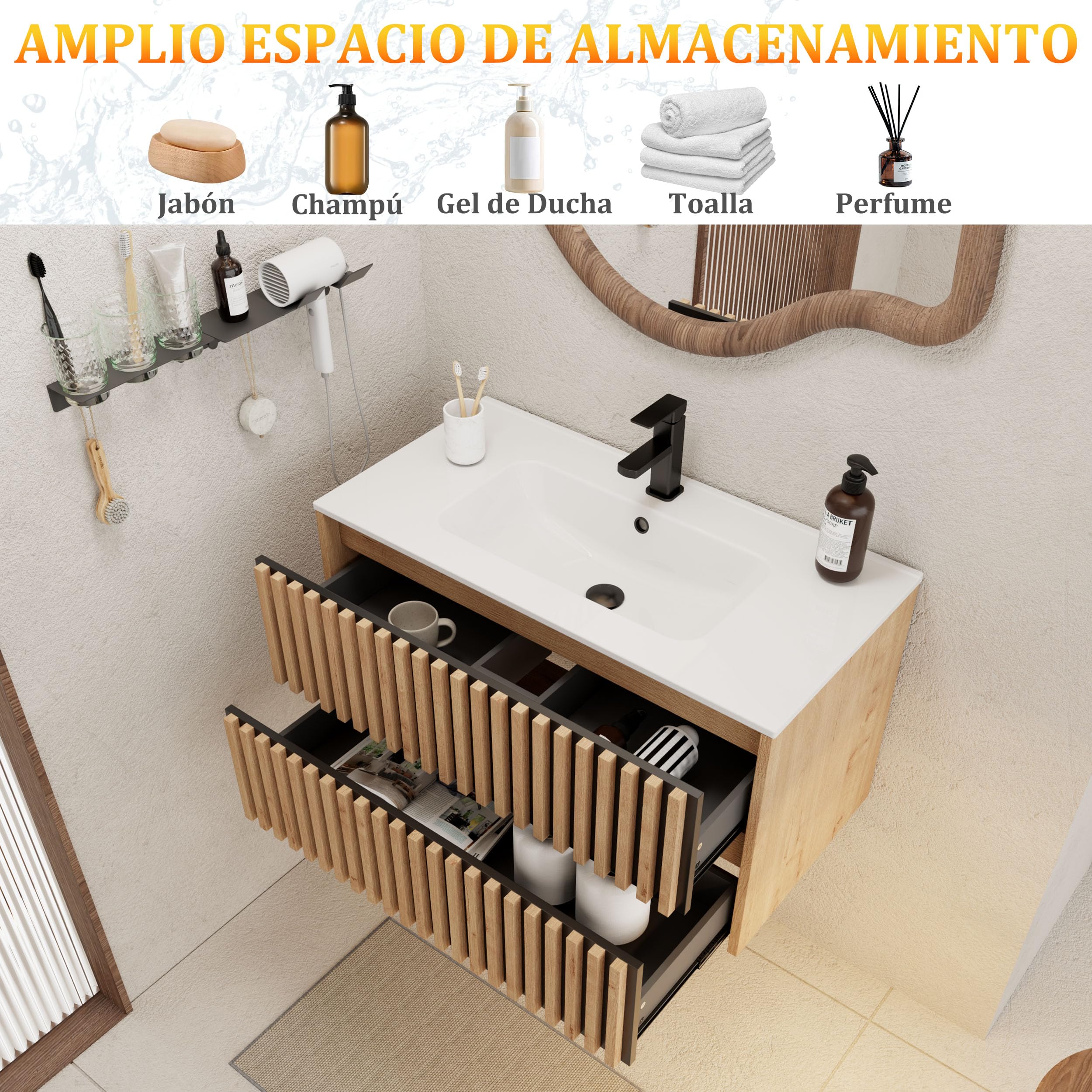 UEV 90CM Mueble de Baño Suspendido con Lavabo de Cerámica, Mueble Lavabo Incluido con 2 Cajones para Almacenaje, Moderno y Práctico, Natural