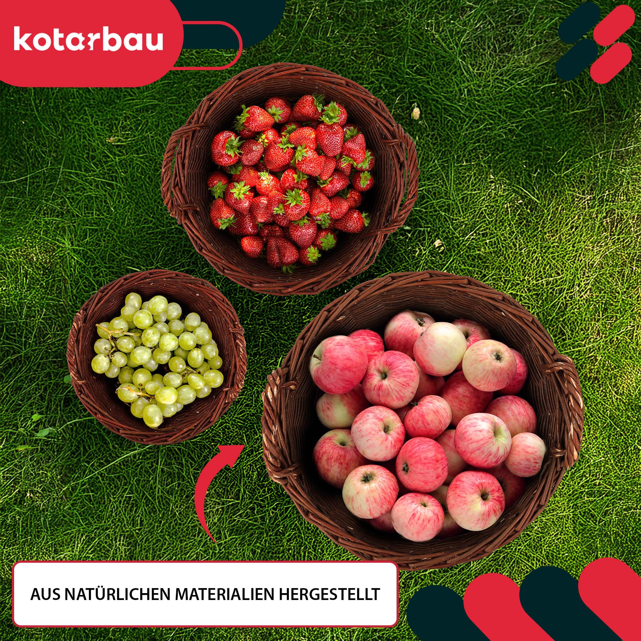 KOTARBAU® 3er Set Weidenkorb mit Griffen - ø 30 cm/ø 40 cm/ø 50 cm - Blumen Korb - Aufbewahrung von Spielzeug - Holzkorb für Kaminholz - Erntekorb aus Weide - Aufbewahrungskörbe - Braun
