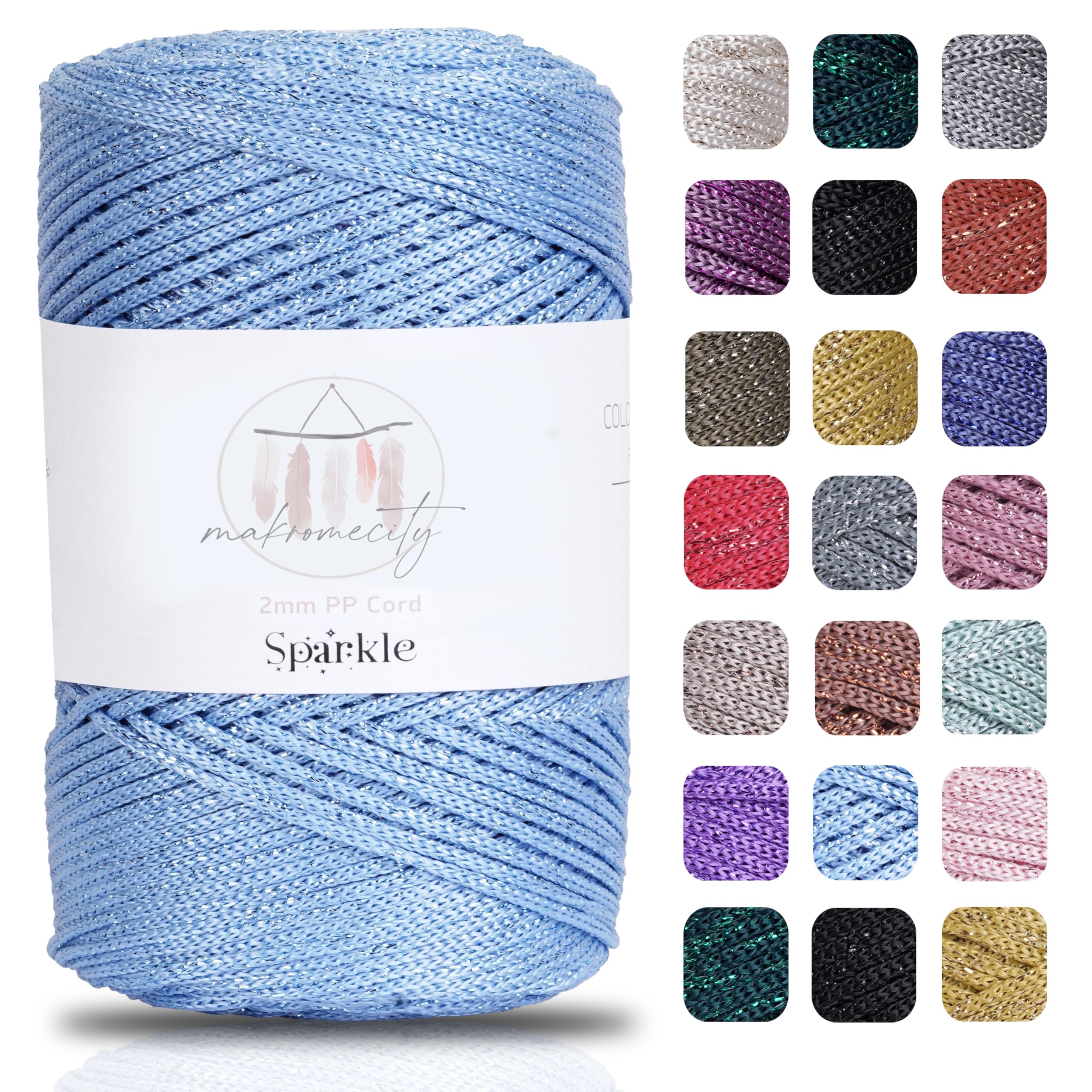 Makromecity Sparkle Polyester Macrame Cord, 2mm x 250 Yards (750 feet), Blue