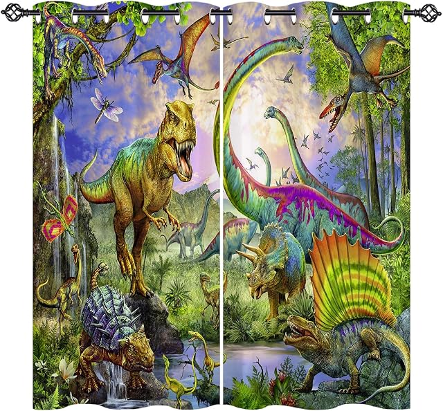 ANHOPE Dinosaur Curtains, Eyelet Ring Top Thermal Insulated 80% Blackout Curtains with Jungle Animal Dino T-Rex Print Pattern Window Drapes for Kids Boys Girls Bedroom 46 x 54 Inch Drop 2 Panels