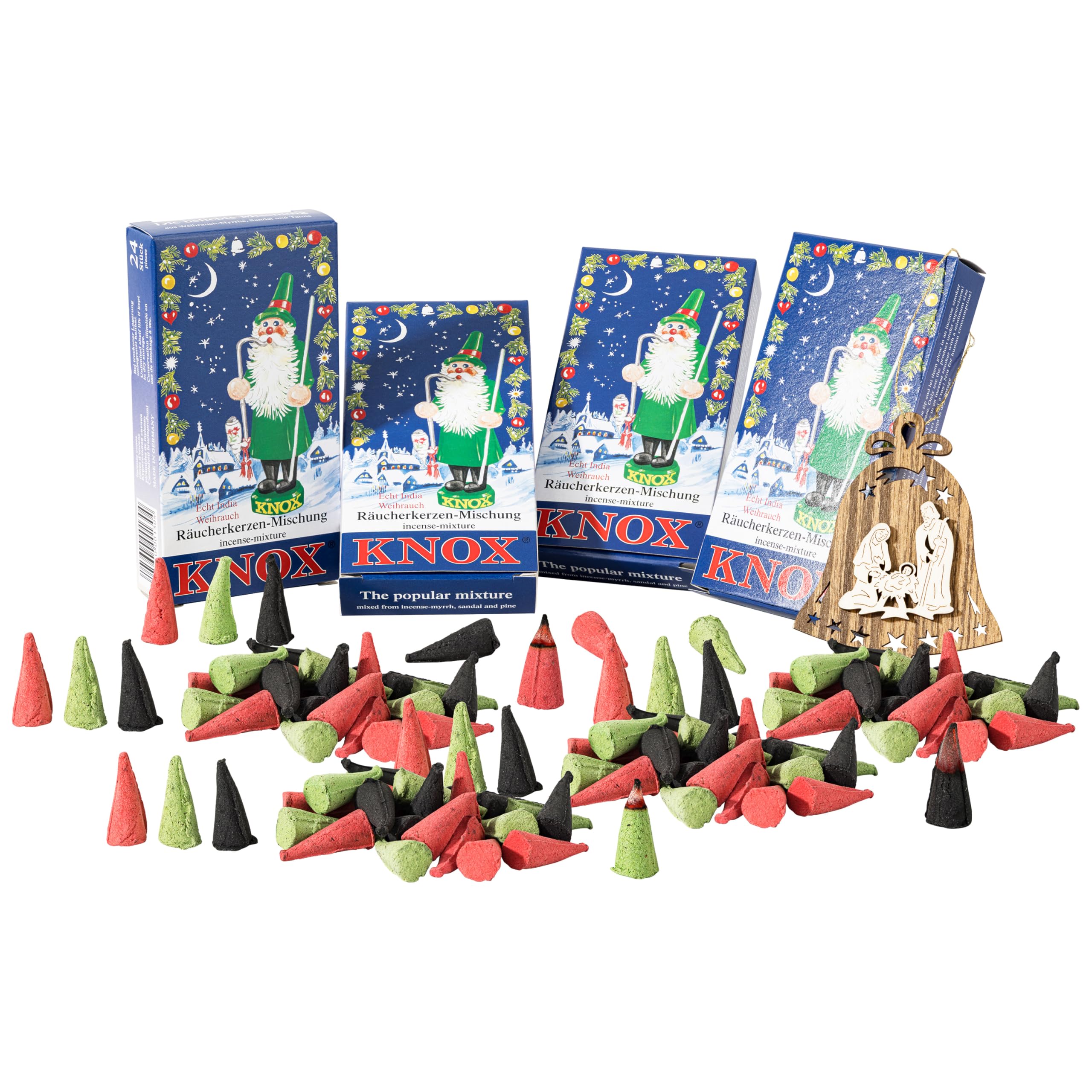 Mamemi Christmas Mix German Incense Cones – Knox 4 Pack (96 Cones) For Smoker Houses & Figurines | Fir, Frankincense & Sandalwood | Gift Set With Wooden Ornament | Traditional Erzgebirge