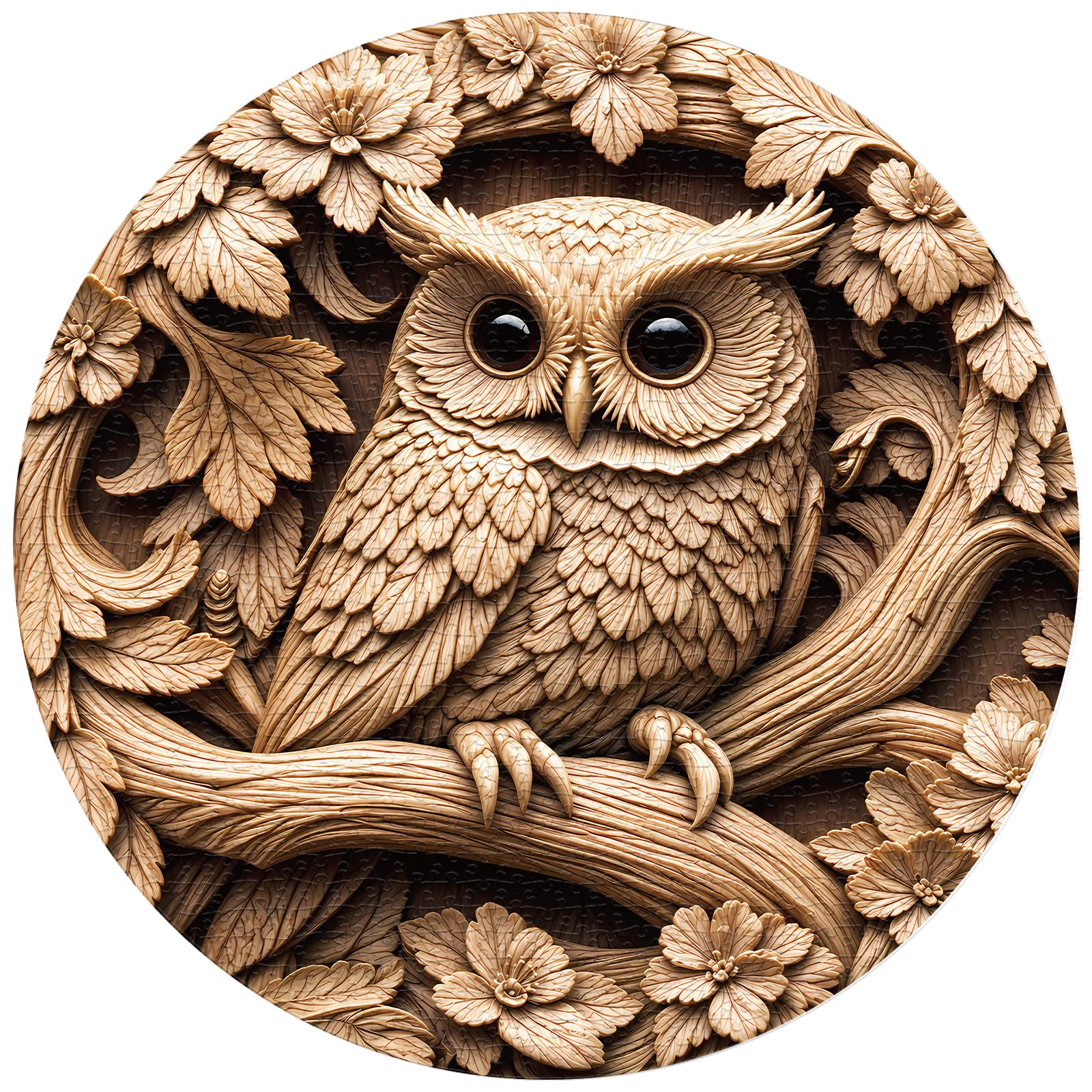 WOODBESTS Puzzle 1000 Teile Erwachsene - Holzschnitzerei Eule | 67.5x67.5 cm Rund Impossible Klassische Jigsaw Puzzles, Unregelmäßige Einzigartige Puzzle für Familie Freunde