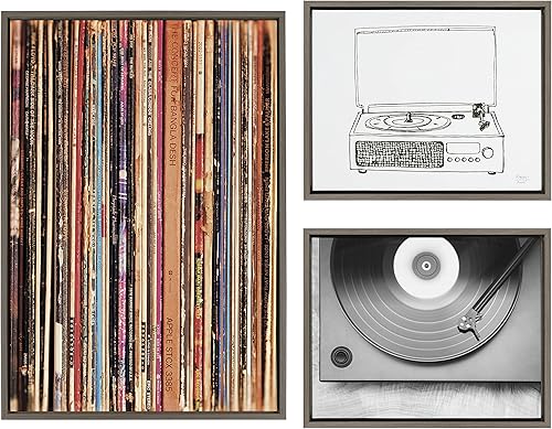 Kate and Laurel Sylvie Records - Juego de 3 lienzos enmarcados de 33 RPM, tocadiscos Victrola y vibraciones de vinilo para pared, juego de 3, dos