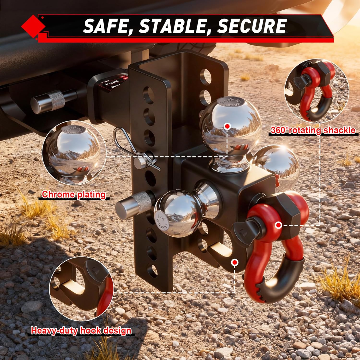 TYT Adjustable Tri-Ball Trailer Hitch for 2 inch Receiver, 4.5" Drop/Rise, Triple Balls (1-7/8", 2", 2-5/16") with Tow Hook & Shackle, 10,000 lbs GTW, 1,000 lbs TW, Pin Lock & Hitch Tightener - Image 4