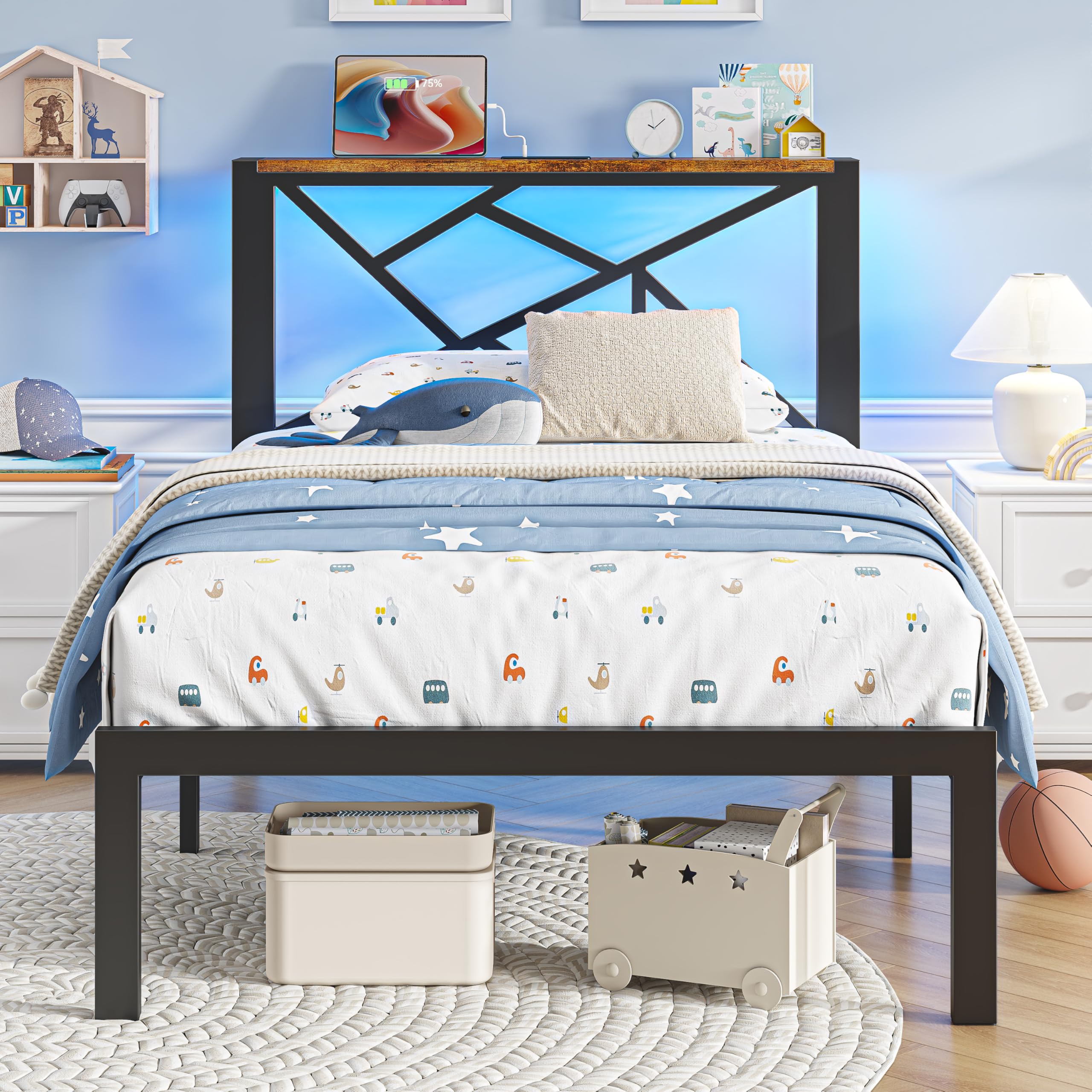 ChicZhiNest Twin Size Black Metal Bed Frame with USB Charging Station, LED Ambient Lighting, and Wooden Storage Headboard - Includes Under-Bed Storage