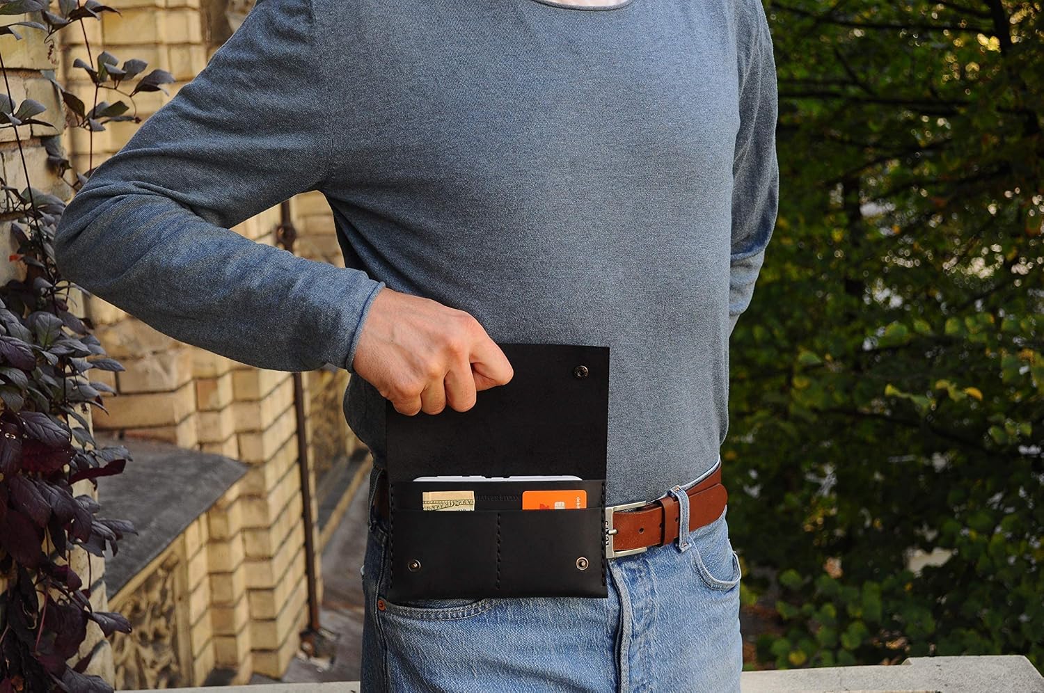 Bovine leather Fanny Pack for iPhone 15 Pro Max, cover case with card pocket and belt loop