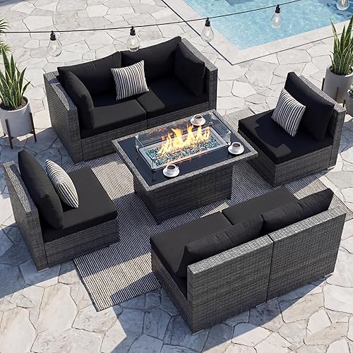 NICESOUL 7 Piece Outdoor Furniture Set with Fire Pit Table Natural Gas & Propane Convertible, 29.3'' High Back Extra Large Rattan Patio Modular Sectional Conversations, 2 Color Cushion Black & Gray - 7 Pcs-A w/Firepit - Charcoal/ Black