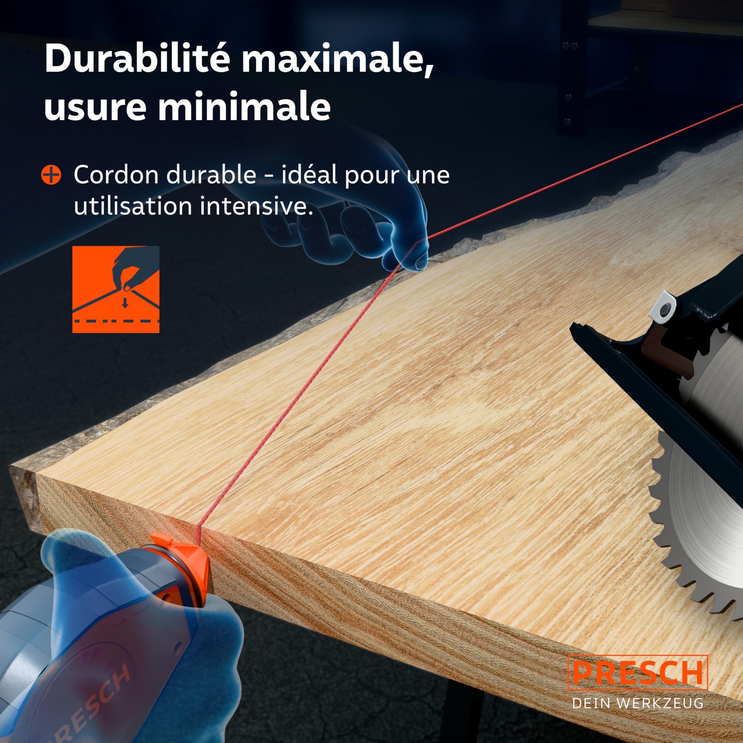PRESCH Cordeau Traceur de 30m avec craie rouge (150 g) - Dévidage rapide grâce à l'engrenage 6:1 - Hydrofuge et durable - Ligne robuste pour des lignes précises