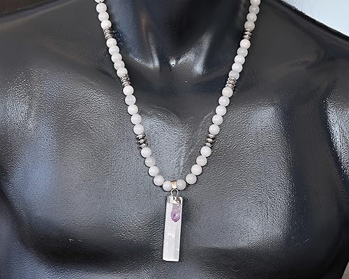 Miniatura 5 de ElisaJewelryArt - Natural Raw Selenite With Amethyst Crystal Beaded Necklace Genuine Selenite Gemstone Feng Shui Stone Clasp Closure Necklace Unisex
